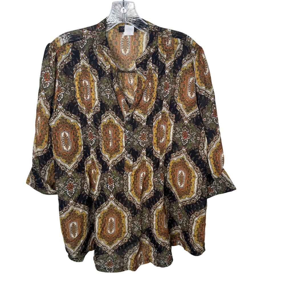 Cocomo Woman Blouse 1X Brown Black Paisley Boho Tunic Top Plus Size Long Sleeve